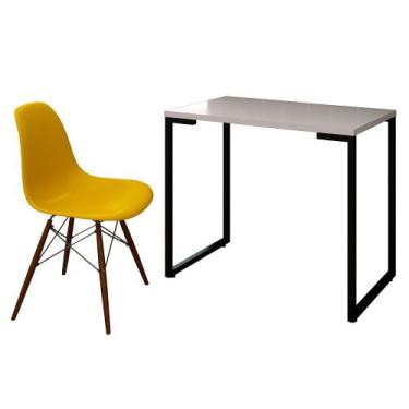 Imagem de Mesa Escrivaninha Fit 90cm Branco E Cadeira Charles Ft1 Amarela - Mpoz