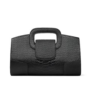 Imagem de Bolsa de mão de couro genuíno para mulheres elegante bolsa de mão com alça superior padrão de crocodilo tote com zíper, Preto