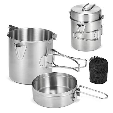 Imagem de Lixada Copo de água de acampamento com alças dobráveis ​​e tampa 750ml caneca de aço inoxidável pote pendurado para acampamento caminhada mochila piquenique