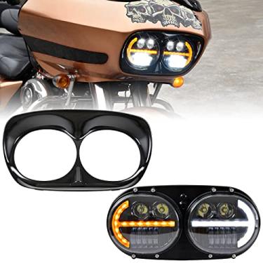Imagem de VEISUTOR Farol de LED duplo para Road Glide, novo conjunto de lâmpada frontal de LED com farol alto e baixo fluxo de água de seta DRL Halo Rings Light para acessórios Harley Road Glide 2004-2013