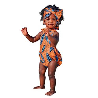 Imagem de Macaquinho infantil feminino africano tradicional sem mangas Ankara frente única com faixas de cabeça, Laranja, 12-18 Months