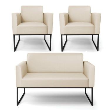Imagem de Sofá Namoradeira Com 2 Poltronas Base Industrial Preto Marisa Corino D03 - D\`rossi Cor Bege