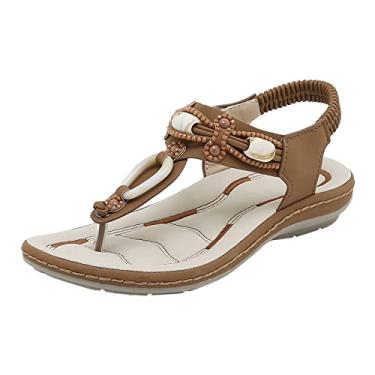 Imagem de Sapatos femininos sandálias de bico aberto com strass confortável e parte inferior macia com faixa elástica, Marrom, 8