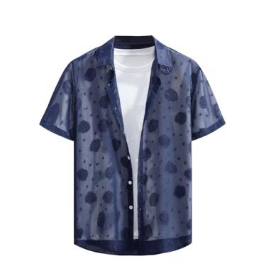 Imagem de WDIRARA Camiseta masculina com estampa floral de pontos suíços de malha de botão e gola redonda de manga comprida, Azul, M