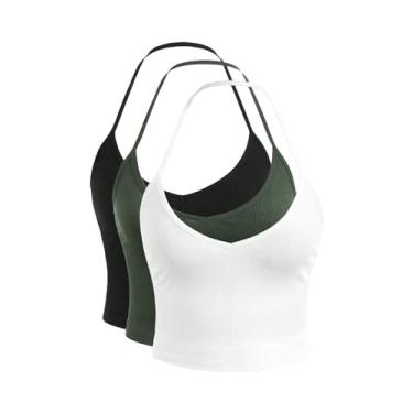 Imagem de Milumia Pacote com 3 camisetas femininas de malha frente única, costas nuas, básicas, justas, camisetas, verde, preto, branco, G