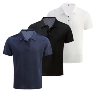 Imagem de 3 peças/conjunto de malha confortável camisa masculina elástica manga curta lapela golfe camiseta verão ao ar livre, presente para homens, Azul marinho + preto + branco, P