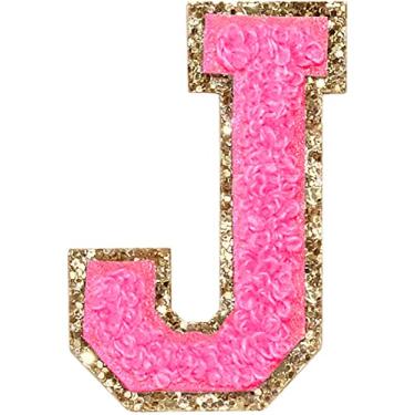 Imagem de 3 Pçs Chenille Letter Patches Ferro em Patches Glitter Varsity Letter Patches Bordado Borda Dourada Costurar em Patches para Vestuário Chapéu Camisa Bolsa (Rosa, J)