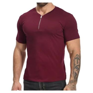 Imagem de Camisetas masculinas de manga curta cor sólida zíper muscular pulôver slim fit camiseta polo esportiva, Vinho tinto, G