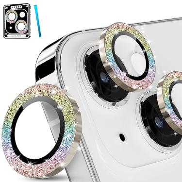 Imagem de imluckies Para iPhone 15 14 - Protetor de lente de câmera iPhone 15 Plus, anel individual de liga de alumínio transparente HD, película de proteção de tela traseira de vidro temperado 9H, glitter colorido