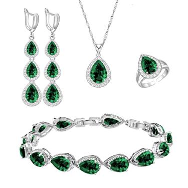 Imagem de LMXXVJ Conjunto de colar e pulseira de brincos longos, banhado a ouro branco, safira azul, conjunto de joias para presente de festa de casamento para mulheres, dama de honra, Cobre, Safira sintética