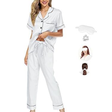 Imagem de WJing Yi Jia Conjunto de pijama feminino PP-4GG de cetim de seda, conjunto de pijama curto, conjunto de pijama com botões, roupa de dormir, Branco - C, 3X-Small