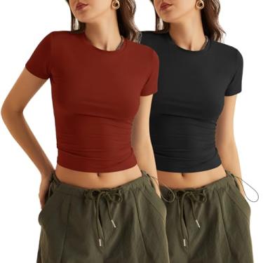 Imagem de KTILG Camisetas femininas modernas/treino/lounge, básicas, elásticas, justas, justas, PP-3GG, A_Pacote com 2_preto e laranja-sujo_manga curta, XXG