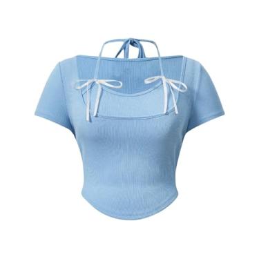 Imagem de SweatyRocks Camisetas femininas plus size com bainha assimétrica frente única 2 em 1 de manga curta, Azul, 3X-Large Plus