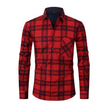 Imagem de Askdeer Camisa masculina de flanela de ajuste regular, camisas de pelúcia xadrez, manga comprida, camisa casual com bolso, Painel vermelho A01, M