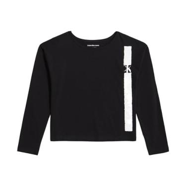 Imagem de Calvin Klein Camiseta de manga comprida para meninas, estilo pulôver com gola redonda, detalhes do logotipo, Preto, vertical, 16