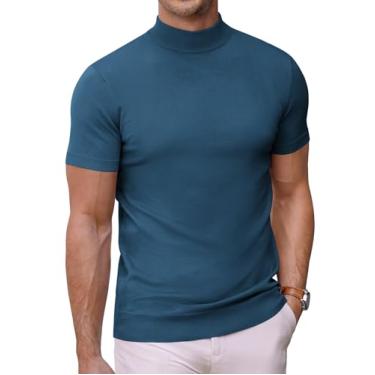 Imagem de COOFANDY Suéter masculino gola rolê manga curta cor sólida camisetas básicas slim fit malha pulôver, Jeans azul, PP