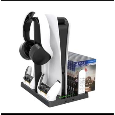 Imagem de Suporte para ventilador de resfriamento compatível com console PlayStation 5 e edição digital, estação de carregamento de controle duplo compatível com controle PS5 com indicadores LED e armazenamento