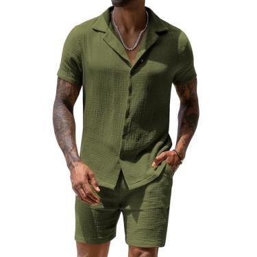 Imagem de URRU Conjunto masculino de linho 2024 moda verão manga curta camisa e shorts roupa praia tropical férias, Verde militar, G