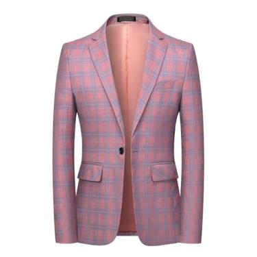 Imagem de UXGNERUXQY Terno Casual Masculino Blazer Xadrez Casaco Esportivo Fino Ajuste Um Botão Leve Blazer Jaquetas para Negócios, Festa,Pink,5XL