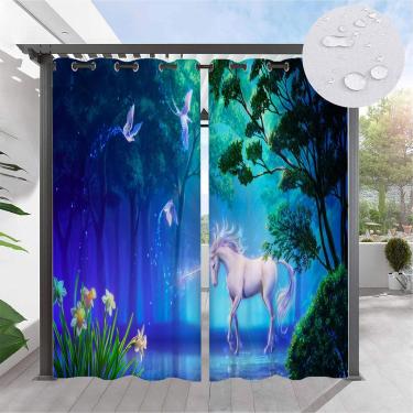 Imagem de Cortinas externas impressas à prova d'água, cortinas externas para pérgula com ilhó, padrão de paisagem florestal, cortinas blackout com isolamento térmico para gazebo, 2 painéis,#E,W52"xH94