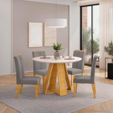 Imagem de Conjunto Sala de Jantar 4 Cadeiras Tampo Redondo Dj Móveis Kiara Cedro Yasmin Veludo Lunar