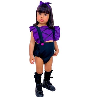 Imagem de Jardineira Romper de Bebe Menina Com Laço de Cabelo Halloween Bruxa Bruxinha