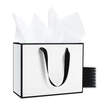 Imagem de YACEYACE Sacos de presente brancos com papel de seda, 20 peças de 25,4 x 20,3 x 10,8 cm, moldura preta a granel, bolsa de aniversário, bolsa de casamento, bolsas de boutique, bolsa de mercadoria