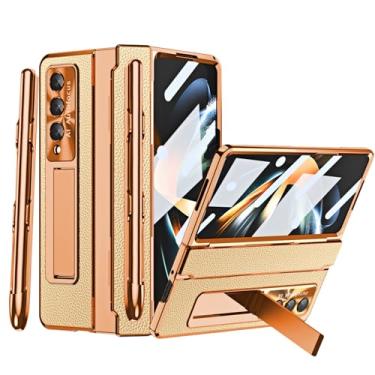Imagem de YQODSZ Capa para Samsung Galaxy Z Fold 4 com S Pen e suporte de caneta pastável, capa de uma peça Design Z Fold 4 com proteção de dobradiça Protetor de tela integrado Capa fina de couro de luxo para Z Fold 4 Gold