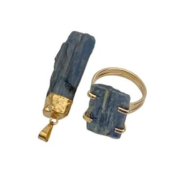 Imagem de Kit 2 Peças Pedra Natural Turmalina Anel e Pingente Feminino Semi Joia Luxo (Cianita Azul)