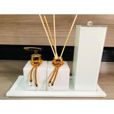 Imagem de Kit Lavabo Pia Jogo Aroma Branco Dourado Porta Escova Casa - Ateliê Cr