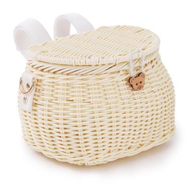 Imagem de SVNR Cesta de bicicleta infantil, cesta frontal de bicicleta, cestas de bicicleta para meninos e meninas, mochila tecida à mão com alça de ombro de tampa, cestas de guidão frontais de vime, bege