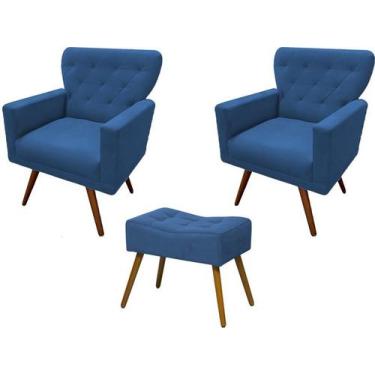 Imagem de Kit 2 Poltronas Decorativa Aurora + 1 Puff Retangular Suede Azul Marin