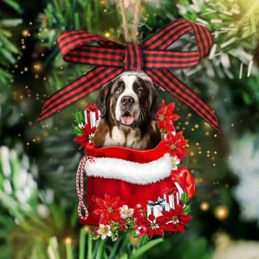 Imagem de Talataca St. Bernard Enfeite de Natal plano de madeira 2D, cachorro de São Bernardo em saco de presente de Papai Noel vermelho, decoração de pinheiro, pingente de casa pendurada, lembrança de véspera,