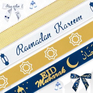 Imagem de 4 fitas de Ramadã 1,9 cm Eid Mubarak fitas decorativas ouro Ramadã Kareem palavras lua estrela fita de gorgorão para decoração Eid Ramadã islâmica festa muçulmano embrulho artesanato decoração