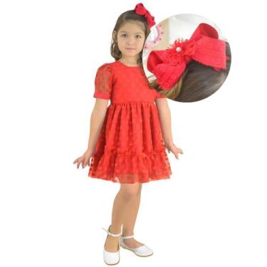 Imagem de Vestido Infantil Tule Poá Luxuoso + Laço Cabelo - Várias Cores - Moder