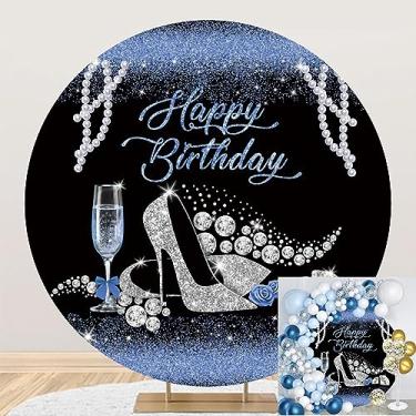 Imagem de Leyiyi 2,2 x 2,2 m Glitter Azul Preto Feliz Aniversário Capa de Fundo Redondo para Mulheres Festa de Aniversário Brilhante Prata Salto Alto Champanhe Bling Pérola Diamante Jóias Fotografia Fundo Bolo Mesa Banner