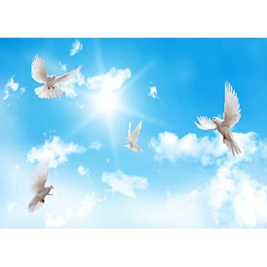Imagem de BELECO Tecido de 2,1 x 1,5 m, pano de fundo de pomba da paz, espírito santo, pássaro, Jesus Cristo, céu azul, nuvens, céu branco, luzes brilhantes, amor e paz, pombas brancas, decoração de igreja,