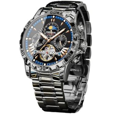 Imagem de FORSINING Relógio Masculino Mecânico, Relógio de Pulso Automático Moon Phase Tourbillon, Pulseira de Aço Inoxidável Luxuosa de 43 mm com Mostrador Grande com 3 Submostradores, Preto e preto