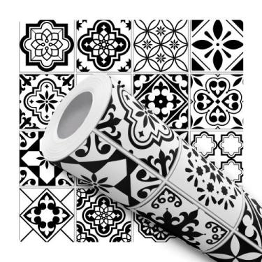 Imagem de Papel De Parede Adesivo Lavável Lavabo Azulejo Português Preto e Branc