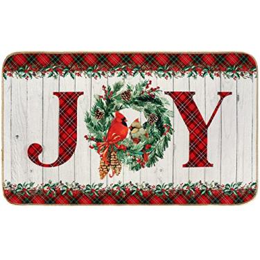 Imagem de AnyDesign Christmas Joy Capacho de guirlanda de natal com borracha antiderrapante tapete traseiro rústico vermelho verde xadrez tapete de porta da frente para decoração interna de escritório em casa,