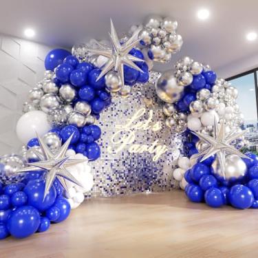 Imagem de Kit de 130 peças de guirlanda de arco de balão azul real e prata, balões de confete de prata azul real e branco para decoração de casamento, formatura, ano novo, aposentadoria, festa de aniversário