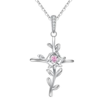 Imagem de DFUNH Colar de cruz para mulheres, colar de prata esterlina 925 com pedra do mês de nascimento, presentes de aniversário de casamento para namorada, colares com pingente de cruz rosa para esposa dia dos namorados dia das mães joias de Natal presente para mãe, filha, avó, Prata esterlina, Zircônia cú