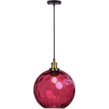 Imagem de Luz pendente esférica vintage industrial, abajur de bola de vidro colorido de 20 cm em ondulação de água, barra de loft retrô E27 lâmpada suspensa de teto com acabamento em bronze, Borgonha