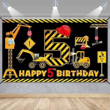 Imagem de Decoração de banner de 5º aniversário de construção, para meninos, crianças, caminhão basculante, tema de construção, cinco anos, suprimentos para festa de aniversário, escavadeira, guindaste,