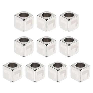 Imagem de HARFINGTON 10 peças de contas de aço inoxidável letra do alfabeto J cubo prata metálico grande quadrado contas de dados de metal para joias, pulseiras, colares e brincos