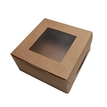 Imagem de PQZKLDP 10 pacotes de caixas de bolo kraft marrom de 10 x 10 x 5 polegadas com janela, embalagem para presente, caixas de padaria, sobremesa, pastelaria, cupcake, biscoitos de torta, com ade