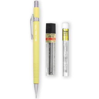 Imagem de Pentel Lapiseira automática P205-97C – linha floral pastel – única + 12 pontas de refil HB de alta polímero de 0,5 mm + tubo de refil de borracha Z2-1N com 4 (amarelo pastel)