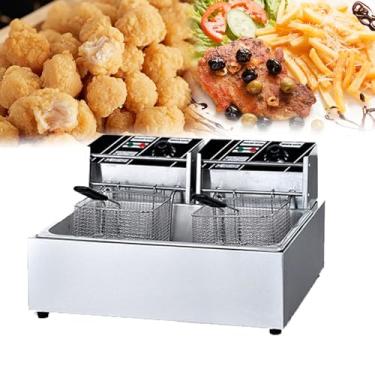 Imagem de Fritadeira elétrica comercial, cesto removível, controle de fritadeira elétrica de bancada de aço inoxidável e filtragem de óleo, temperatura ajustável, para restaurante comercial, frango frito