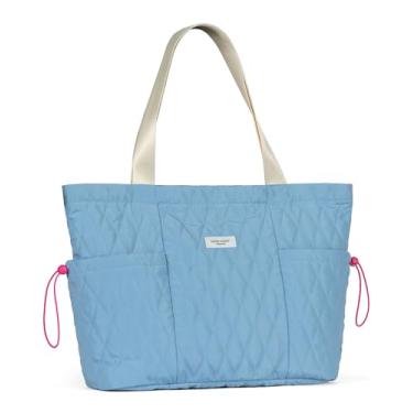 Imagem de Bolsa feminina SATIN SAINT com bolsos laterais, bolsa de ombro casual de 16L com ajuste lateral, bolsa de viagem leve acolchoada para faculdade, escritório, trabalho, academia e mercearia, azul bebê,