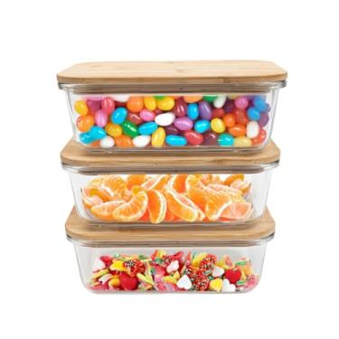 Imagem de kit 3 potes de vidro 800ml tampa de bambu hermético marmita retangulares - Tud